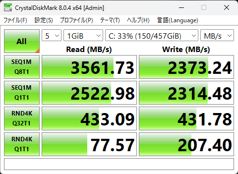 レビュー機 DELL G15 5520のCrystaldiskmarkの画像